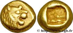 Greek Coins LYDIA - LYDIAN KINGDOM hemi-hecte c. 610-550 AC. Sardes, Lydie R2 electrum (8mm, 1,18g, -h) Obverse : Anépigraphe Tête de lion à droite, verrue sur le front (étoile) Reverse : Double carré