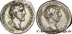 Coinage of the Antonine dynasty ANTONINUS PIUS and MARCUS AURELIUS Denier 141 Rome R1 silver (17,5mm, 3,39g, 12h) Obverse : ANTONINVS AVG PI-VS P P TR P COS III Tête laurée d'Antonin le Pieux à droite