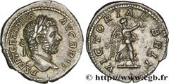 Coinage of the Severan dynasty GETA Denier Augustus 210 Rome R2 silver (20mm, 3,59g, 12h) Obverse : P SEPT GETA PIVS - AVG BRIT Tête laurée et barbue de Géta à droite (O*) Reverse : VICTORIA-E - BRIT 
