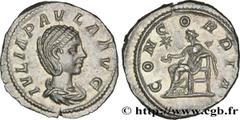 Coinage of the Severan dynasty JULIA PAULA Denier First wife of Elagabalus - Augusta 220 Rome R1 silver (20mm, 3,32g, 6h) Obverse : IVLIA PAVLA AVG Buste drapé de Julia Paula à droite, vu de trois qua
