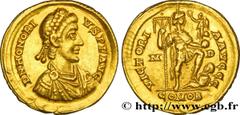Coinage of the Late Empire HONORIUS Solidus 395-401 ou 402 Milan R1 gold (21mm, 4,48g, 12h) Obverse : D N HONORI-VS P F AVG Buste diadémé, drapé et cuirassé d'Honorius à droite vu de trois quarts en a