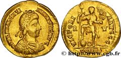 Coinage of the Late Empire VALENTINIAN III Solidus c. 430-445 Ravenne R2 gold (21mm, 4,44g, 12h) Obverse : D N PLA VALENTI-NIANVS P F AVG Buste diadémé, drapé et cuirassé de Valentinien III à droite, 