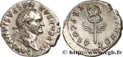 VESPASIAN Type : Denier  Date : 74  Mint name / Town : Rome  Metal : silver  Millesimal fineness : 900  ‰ Diameter : 19,5  mm Orientation dies : 6  h. Weight : 3,37  g. Rarity : R2  Obverse legend : I