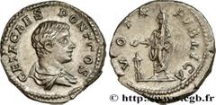 Roman coins GETA Type : Denier  Date : 205  Mint name / Town : Rome  Metal : silver  Millesimal fineness : 550  ‰ Diameter : 18,5  mm Orientation dies : 6  h. Weight : 3,60  g. Officine : 5e  Obverse 