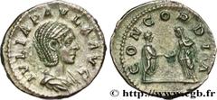 Roman coins JULIA PAULA Type : Denier  Date : 219-220  Mint name / Town : Rome  Metal : silver  Millesimal fineness : 500  ‰ Diameter : 19  mm Orientation dies : 6  h. Weight : 3,07  g. Rarity : R1  O