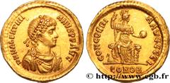 Roman coins VALENTINIAN II Type : SolidusVSO  Date : 383-385  Mint name / Town : Constantinople  Metal : gold  Diameter : 21,5  mm Orientation dies : 12  h. Weight : 4,48  g. Rarity : R2  Officine : 5