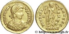 HONORIUS(22/01/393-15/08/423)Flavius Honorius Solidus N° v28_0450    Date : 402-408 Nom de l'atelier : Flaminie, Ravenne Métal : or Diamètre : 21mm Axe des coins : 6h. Poids : 4,48g. Etat de conservat