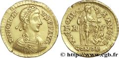 HONORIUS(22/01/393-15/08/423)Flavius Honorius Solidus N° v28_0451    Date : 402-408 Nom de l'atelier : Flaminie, Ravenne Métal : or Diamètre : 20,5mm Axe des coins : 6h. Poids : 4,44g. Etat de conserv