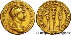 Roman Coins TRAJANUS Type : Aureus Date : 117 Mint name / Town : Rome, Decennalia Metal : gold Millesimal fineness : 1000 ‰ Diameter : 19,5 mm Orientation dies : 6 h. Weight : 7,11 g. Rarity : R1 Obve
