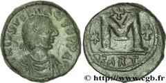 JUSTINIEN Ier(1/08/527-14/11/565) Follis N° v31_0705    Date : 534-539 Nom de l'atelier : Carthage Métal : cuivre Diamètre : 27,5mm Axe des coins : 3h. Poids : 17,87g. Degré de rareté : R1 Etat de con