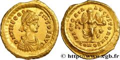 Roman coins THEODOSIUS II Type : Tremissis Date : c. 430-440 Mint name / Town : Constantinople Metal : gold Millesimal fineness : 1000 ‰ Diameter : 14,5 mm Orientation dies : 1 h. Weight : 1,46 g. Rar