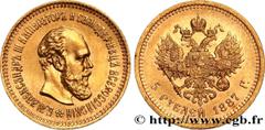 World coins RUSSIA - ALEXANDER III Type : 5 Roubles Date : 1887 Mint name / Town : Saint-Petersbourg Quantity minted : 3261000 Metal : gold Millesimal fineness : 900 ‰ Diameter : 21,2 mm Orientation d