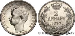 World coins KINGDOM OF SERBIA - ALEXANDER OBRENOVIC Type : 2 Dinara Date : 1897 Quantity minted : 1000000 Metal : silver Millesimal fineness : 835 ‰ Diameter : 27 mm Orientation dies : 6 h. Weight : 9