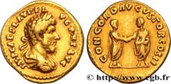 Roman coins LUCIUS VERUS Type : Aureus  Date : mars - avril  Date : 161  Mint name / Town : Rome  Metal : gold  Millesimal fineness : 1000  ‰ Diameter : 19,5  mm Orientation dies : 6  h. Weight : 7,19