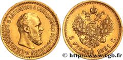 World coins RUSSIA - ALEXANDER III Type : 5 Rouble  Date : 1891  Mint name / Town : Saint-Petersbourg  Quantity minted : 541000  Metal : gold  Millesimal fineness : 900  ‰ Diameter : 21,5  mm Orientat