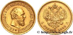 World coins RUSSIA Type : 5 Roubles Alexandre III  Date : 1889  Mint name / Town : Saint-Petersbourg  Quantity minted : 4200002   Metal : gold  Millesimal fineness : 900  ‰ Diameter : 21,5  mm Orienta