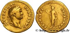 Roman coins DOMITIANUS Type : Aureus  Date : 74  Mint name / Town : Rome  Metal : gold  Millesimal fineness : 1000  ‰ Diameter : 20  mm Orientation dies : 6  h. Weight : 7,08  g. Rarity : R1  Obverse 