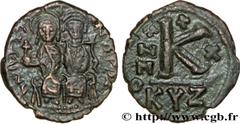 JUSTIN II(15/11/565-5/10/578) Demi-follis N° v32_0761    Date : 574-575 Nom de l'atelier : Cyzique Métal : cuivre Diamètre : 22,5mm Axe des coins : 12h. Poids : 5,73g. Degré de rareté : R1 Etat de con