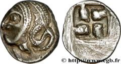 MASSALIA - MARSEILLE(Ve - Ier siècles avant J.-C.) Litra au krobylos et au carré creux N° v34_1168    Date : c. 450-410 AC. Métal : argent Diamètre : 9,9mm Axe des coins : 12h. Poids : 0,95g. Degré de