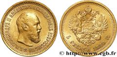 World coins RUSSIA Type : 5 Roubles Alexandre III  Date : 1889  Mint name / Town : Saint-Petersbourg  Quantity minted : 4200002   Metal : gold  Millesimal fineness : 900  ‰ Diameter : 21,5  mm Orienta