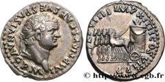 Roman coins TITUS Type : Denier  Date : août - septembre  Date : 79  Mint name / Town : Rome  Metal : silver  Millesimal fineness : 900  ‰ Diameter : 19  mm Orientation dies : 5  h. Weight : 3,22  g. 