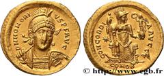 Roman coins HONORIUS Type : Solidus  Date : 408-420  Mint name / Town : Constantinople  Metal : gold  Diameter : 20,5  mm Orientation dies : 6  h. Weight : 4,43  g. Rarity : R2  Officine : 5e  Obverse