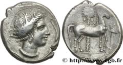 Greek Coins SICILY - SICULO-PUNIC - ENTELLA Type : Tétradrachme  Date : c. 350-340 AC.  Mint name / Town : Entella, Sicile  Metal : silver  Diameter : 27,5  mm Orientation dies : 3  h. Weight : 16,99 