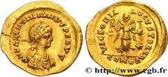 Roman coins VALENTINIAN III Type : Tremissis  Date : c. 430-440 ou 450-455  Mint name / Town : Constantinople  Metal : gold  Millesimal fineness : 1000  ‰ Diameter : 14  mm Orientation dies : 6  h. We