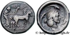 Greek Coins SICILY - SYRACUSE Type : Tétradrachme  Date : c. 475-470 AC.  Mint name / Town : Sicile, Syracuse  Metal : silver  Diameter : 24,5  mm Orientation dies : 3  h. Weight : 16,99  g. Rarity : 