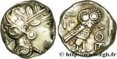 ATTIQUE - ATHENES(393-323 avant J.-C.) Tétradrachme N° v38_0179    Date : c. 350 AC. Nom de l'atelier : Athènes Métal : argent Diamètre : 23mm Axe des coins : 9h. Poids : 17,29g. Etat de conservation 
