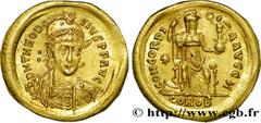 THEODOSE II(10/01/402-28/07/450)Flavius Theodosius Solidus N° v38_1362    Date : 408-420 Nom de l'atelier : Constantinople Métal : or Diamètre : 20,5mm Axe des coins : 6h. Poids : 4,51g. Degré de rare