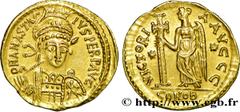 ANASTASE(11/04/491-1/07/518) Solidus N° v38_1376    Date : 492-498 Nom de l'atelier : Thessalonique Métal : or Diamètre : 20mm Axe des coins : 6h. Poids : 4,39g. Degré de rareté : R3 Etat de conservat