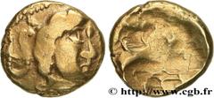 Celtic coins VENETI (Area of Vannes) Type : Quart de statère d’or  Date : IIe siècle avant J.-C.  Mint name / Town : Vannes (56)  Metal : gold  Diameter : 11  mm Weight : 1,86  g. Rarity : R3  Obverse