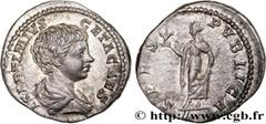 Roman coins GETA Type : Denier  Date : 199  Mint name / Town : Rome  Metal : silver  Millesimal fineness : 550  ‰ Diameter : 18  mm Orientation dies : 12  h. Weight : 2,97  g. Rarity : R1  Obverse leg