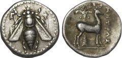 Greek Coins IONIA. Ephesos. Drachm (Circa 202-133 BC). Mitras, magistrate. Obv: Bee with straight wings; E-Φ flanking. Rev: MHTPAΣ. Stag standing right before palm tree. The Attic Weight Drachms of Ep