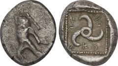 Greek Coins Dynasts of Lycia, Kuprilli . AR 1/4 Starer.(Circa 480-440 BC). Obv: Herakles, draped in lion's skin, advancing left, head right, holding club over shoulder. Rev: Triskeles, small diskeles 