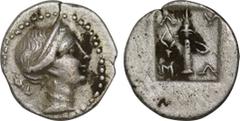 Greek Coins LYCIA. Lycian League. Masicytes. 1/4 Drachm (Circa 48-27 BC). Obv: Diademed head of Artemis right. Rev: Λ - Y / M - A. Quiver; torch to left; all within incuse square. RPC I 3306; Troxell 