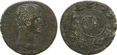 Roman Provincial ASIA MINOR , Uncertain . Augustus . Sestertius . (circa 25 BC). Obv: bare head right. Rev: CA within rostral wreath. NC 1983, p. 7, 2a, pl. 1, 9; RIC 501 (Pergamum); BMCRE 713 (Pergam