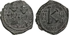 Byzantine Coins Heraclius and Heraclius Constantine. Ae 20 Nummi. Thessalonica, dated RY 5 = AD 614/15. Obv: [D N] HERA[CL]IЧS P [P ...], Heraclius and Heraclius Constantine standing facing, both hold