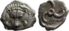 Greek Coins DYNASTS OF LYCIA. Trbbenimi (Circa 390-370 BC). Tetrobol. Uncertain mint. Obv: Facing scalp of lion. Rev: Triskeles within incuse circle. Müseler VIII.25-7; SNG von Aulock 4215. Condition:
