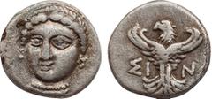 Greek Coins PAPHLAGONIA. Sinope AR Trihemiobol. (Circa 330-300 BC). Obv: Head of nymph Sinope three-quarters facing, turned slightly to left. Rev: Eagle standing facing with wings spread, head left; Σ