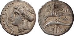 Greek Coins PAPHLAGONIA. Sinope. ( Circa 330-300 BC). Drachm. Apollo,Magistrat. Obv: Head of nymph left, with hair in sakkos, wearing triple-pendant earring and pearl necklace, aphlaston before. Rev: 