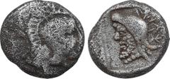 Greek Coins DYNASTS OF LYCIA. Kherei.( Circa 410-390 BC). Obol . Obv: Helmeted head of Athena right. Rev: Laureate head of bearded dynast left, wearing Persian tiara, monogram before, legend behind; a