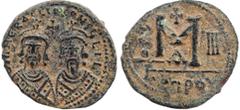 Byzantine Coins Heraclii. 608-610. Æ Follis. Mint in Cyprus. 1st officina. Dated year 3 (610). Obv: Facing busts of Heraclius, on left, and his father, the exarch Heraclius, on right, both crowned and