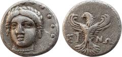 Greek Coins PAPHLAGONIA. Sinope. AR Trihemiobol. Circa 330-300 BC. Obv: Head of nymph Sinope three-quarters facing, turned slightly to left. Rev: Eagle standing facing with wings spread, head left; ΣΙ