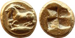 Greek Coins MYSIA. Kyzikos. EL 1/12 Stater (Circa 500-450 BC). Obv: Goat standing left on tunny left. Rev: Quadripartite incuse square. Cf. von Fritze 92 (stater and hekte); cf. SNG France 229 (stater
