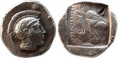 Greek Coins LYCIA. uncertain Dynasts, c. 500-440 BC. Stater. 480 BC. Obv: Helmeted head of Athena to right; behind, Lycian letter. Rev: Lion’s head with open jaws; all within incuse square bordered by