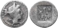 Greek Coins Lycia. Masicytus. 1/4 Drachm (48-27 BC). Obv: Bust of Artemis right, quiver over shoulder. Rev: ΛΥ - MA. Quiver in incuse square; branch in left field. Troxell, LL 130-4; RPC 3306b. Condit