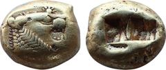 GREEK COINS Greek Kingdom of Lydia, Alyattes EL Trite - 1/3 Stater. Sardes, circa 610-546 BC. Head of roaring lion to right, sunburst with five rays on forehead / Two incuse square punches. GRPC Lydia