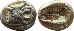 GREEK COINS Greek Kingdom of Lydia, Alyattes EL Trite - 1/3 Stater. Sardes, circa 610-546 BC. Head of roaring lion to right, sunburst with five rays on forehead / Two incuse square punches. GRPC Lydia